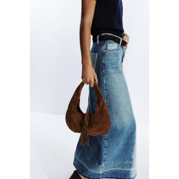 ZARA FRINGED SPLIT SUEDE SHOULDER BAG - Picture 1 of 7